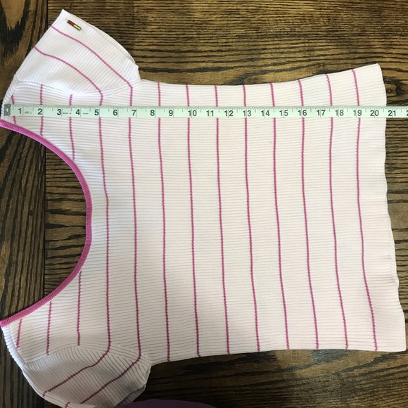 Y2K Tommy Hilfiger Rib Knit Pink Striped Tee Vintage 90s Size Medium - Picture 7 of 9